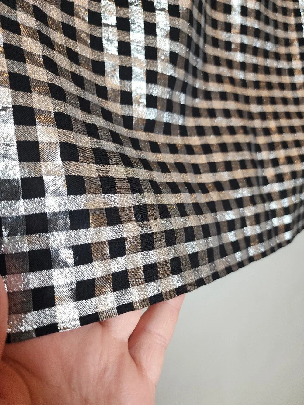 J. Crew Pull-on Shiny Gingham Plaid Skirt Black Silver Pockets Size Large